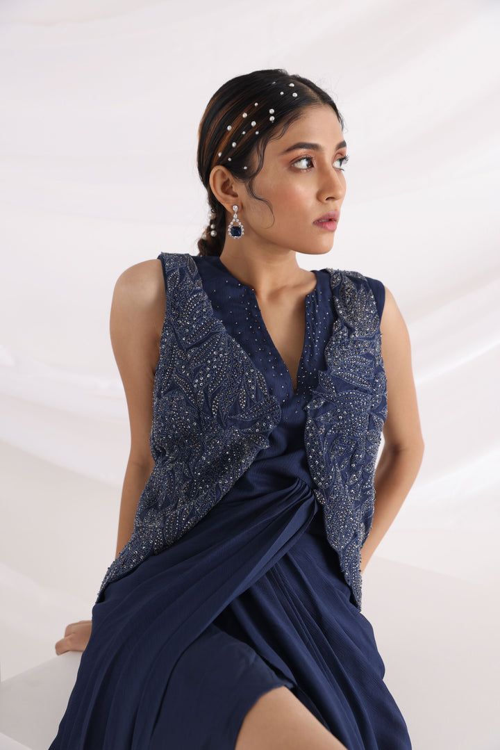 Smriti Apparel's Midnight blue drape gown with jacket - Rent