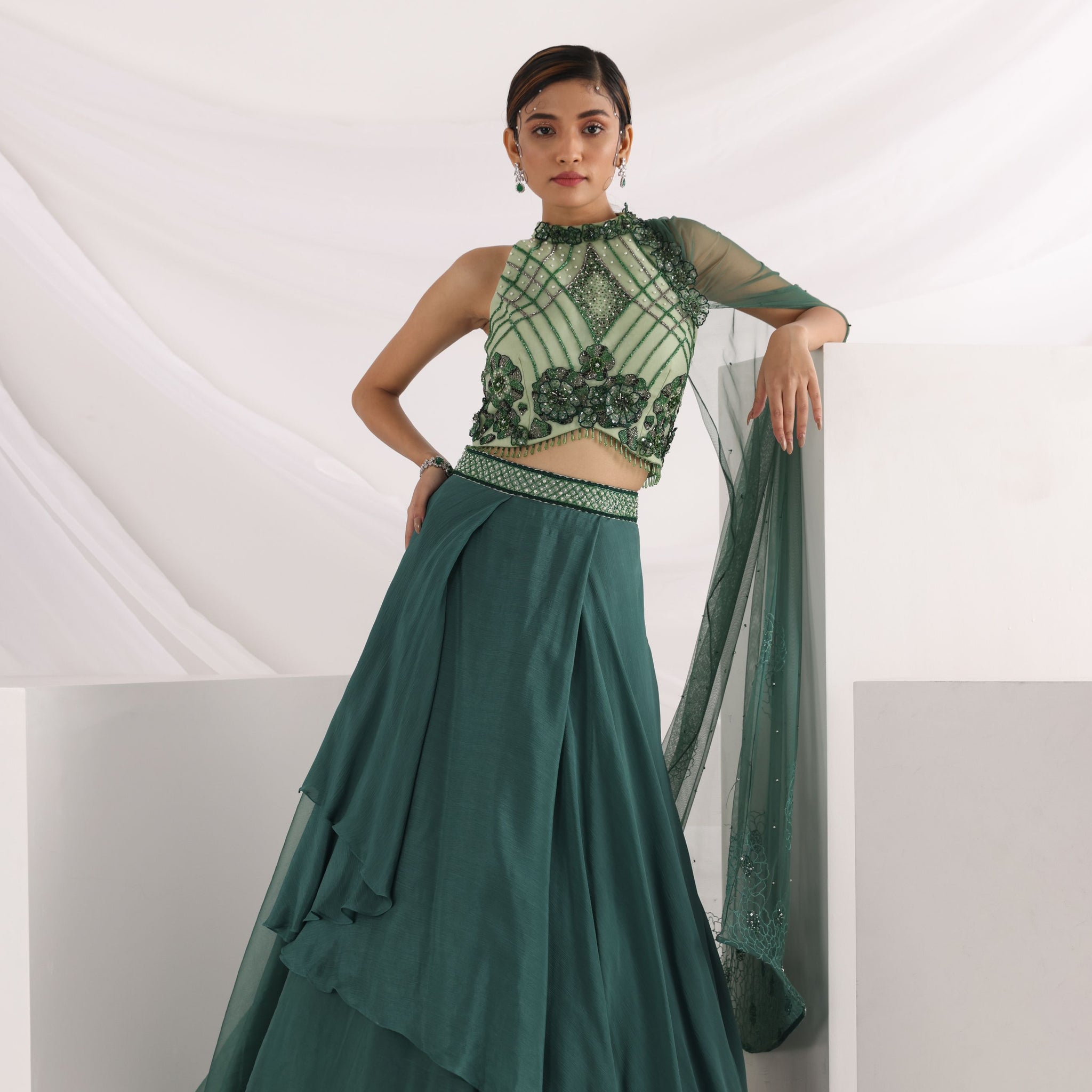 Smriti Apparel'S Classy Lorena Green Lehenga Set- Rent