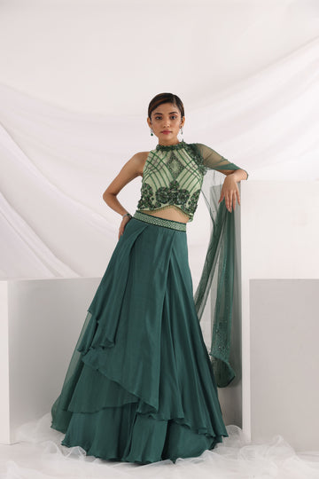 Smriti Apparel'S Classy Lorena Green Lehenga Set- Rent