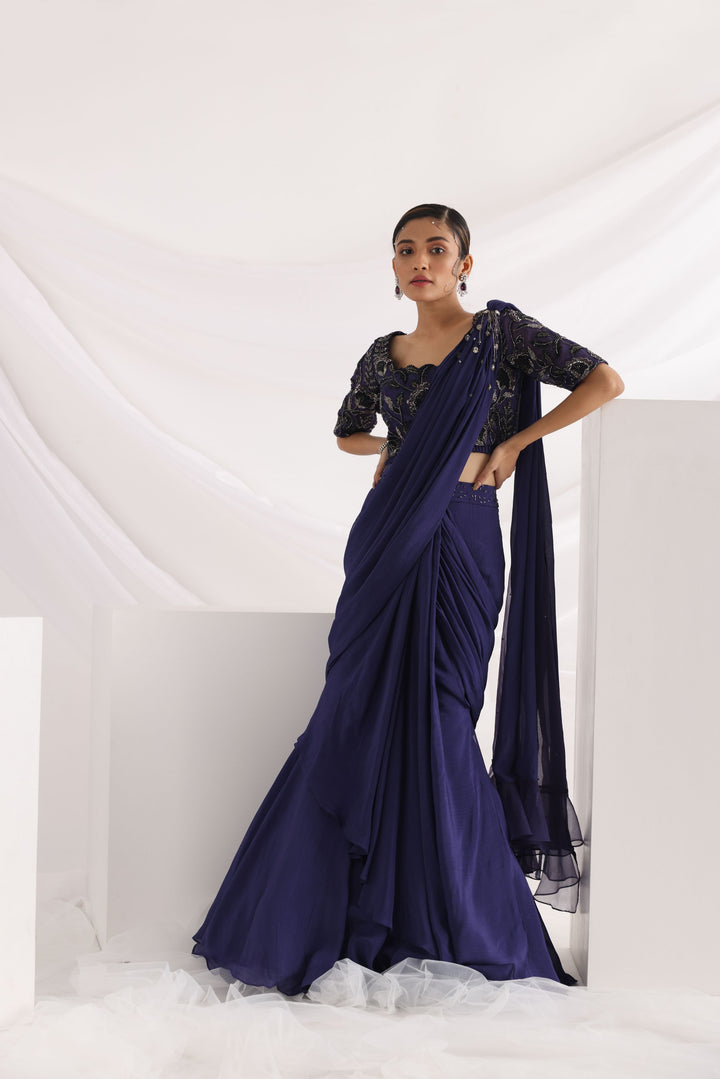 Smriti Apparel's Classy Ultramarine draped saree set - Rent