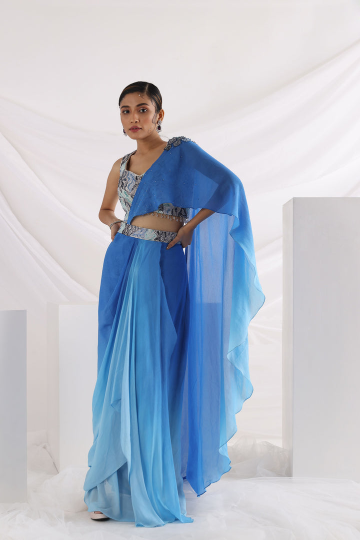 Smriti Apparel's Elegant Oceanic blue drape saree set - Rent