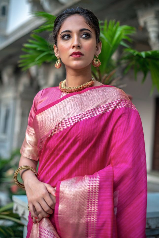 Hot Pink Tussar Silk Saree - Rent