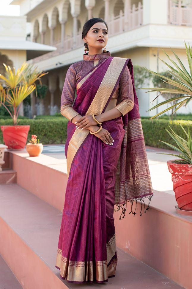 Beautiful Regal Purple Tussar Silk Saree - Rent - Glamourental