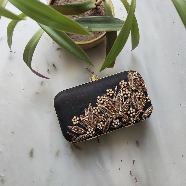Black Dabka Leaf Hand embroidered Clutch - Rent