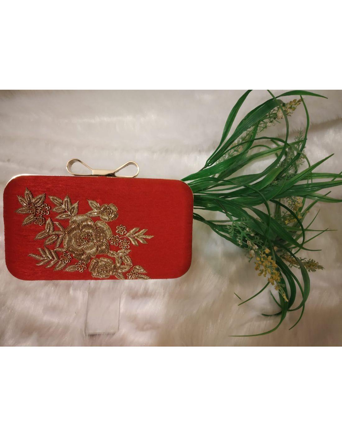 DN Enterprises Handicraft Party Wear Hand Embroidered Box Clutch Bag Purse  For Bridal, Casual, Party, Wedding(red)