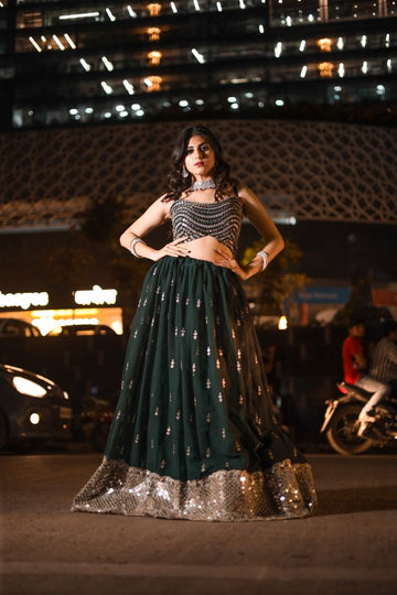 Forest Green Mirror Blouse Lehenga & Dupatta - Rent