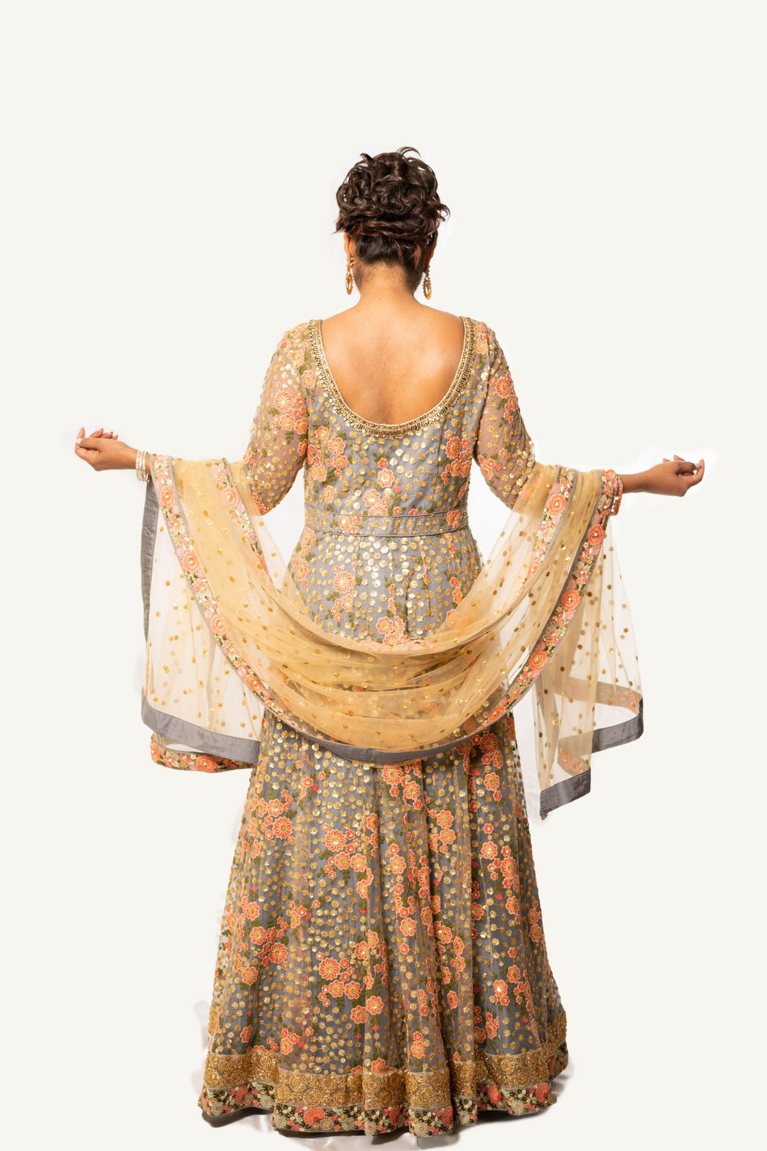 Gold and Grey Embroidered Partywear Anarkali - Rent - Glamourental