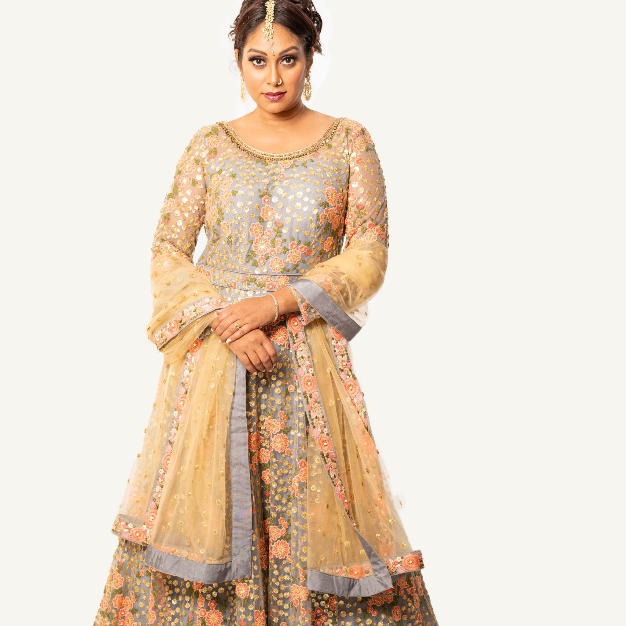 Gold and Grey Embroidered Partywear Anarkali - Rent - Glamourental