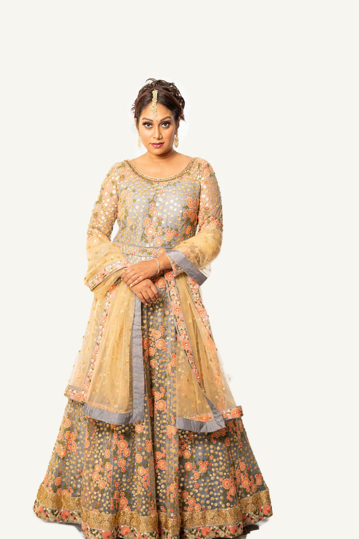 Gold and Grey Embroidered Partywear Anarkali - Rent - Glamourental