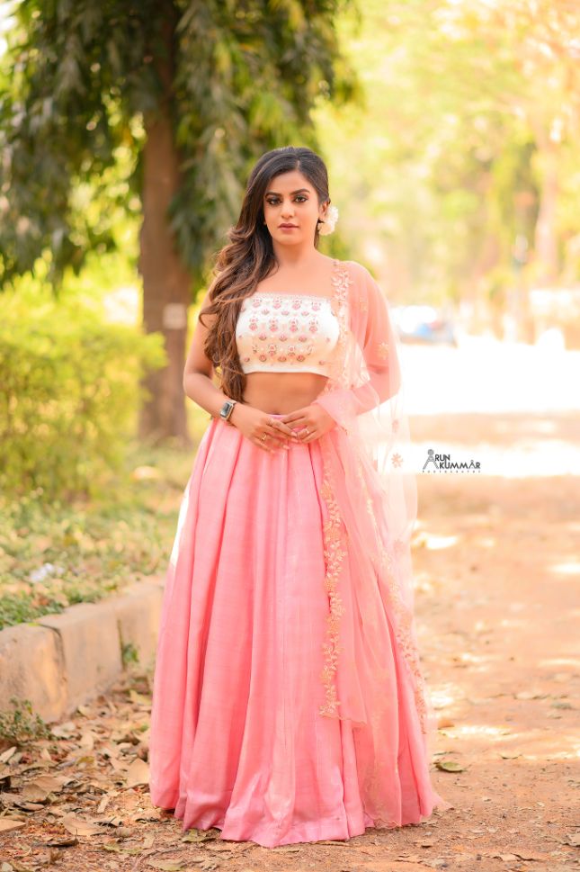 Dusty Pink Color Pearl Work Cotton Silk Lehenga - Rent