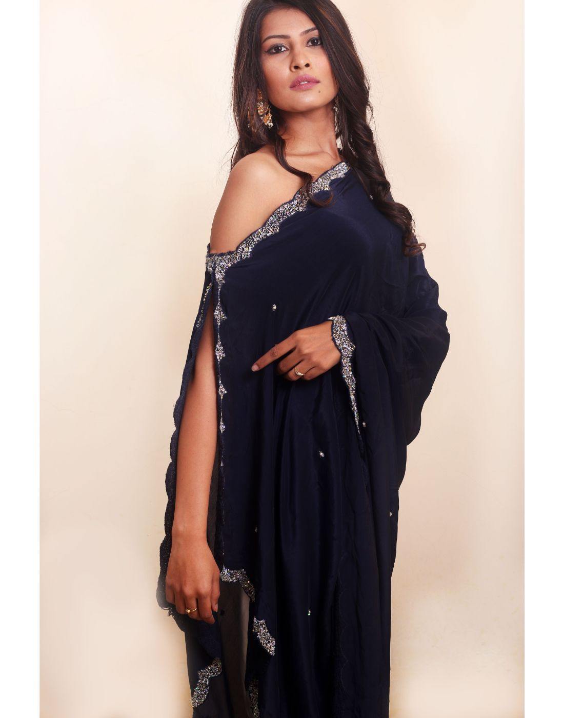 Rent Navy Scallop Drape Kurta With Tulip Pant-Women-Glamourental