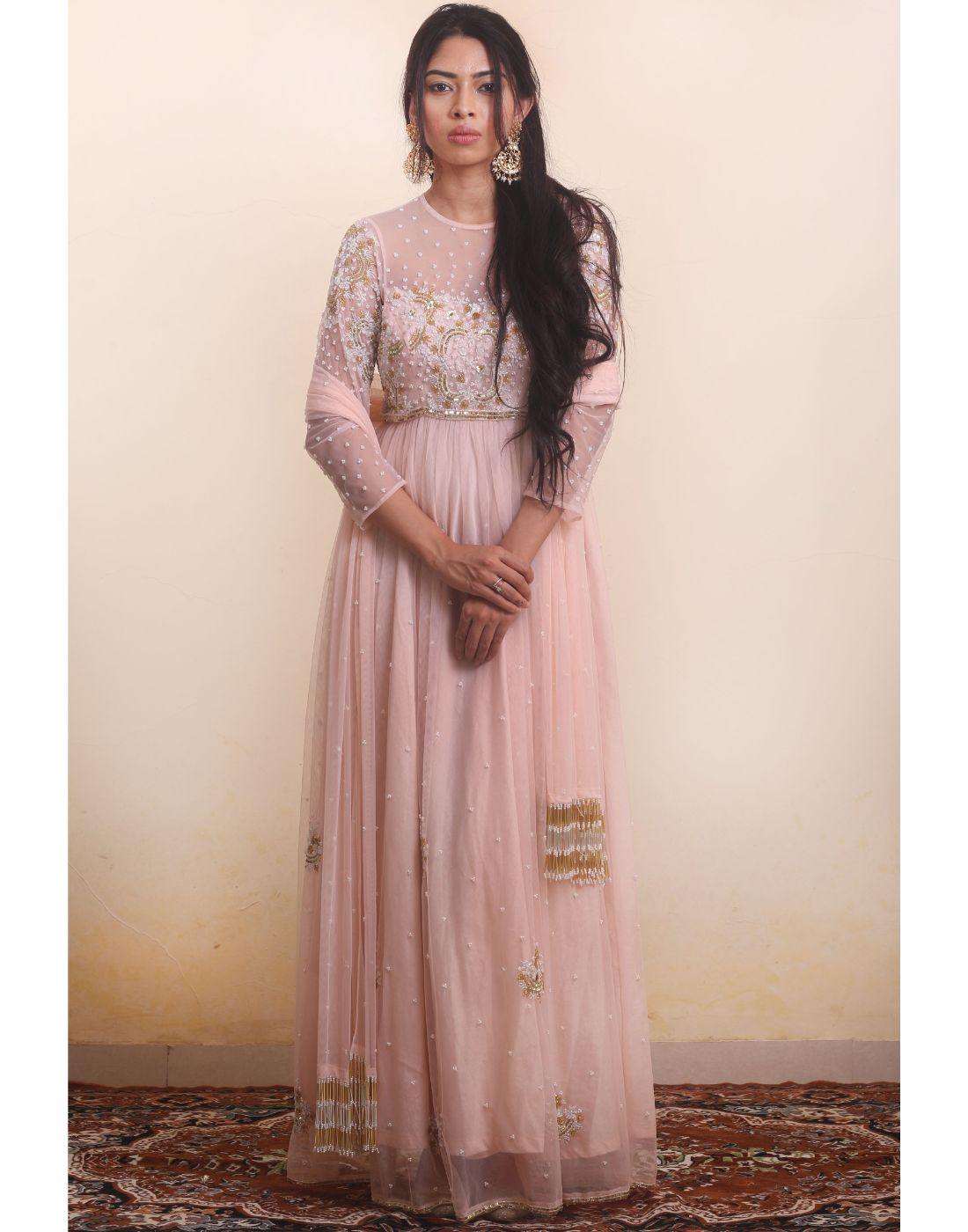 Buy Peach Floral Printed Cotton Embroidered Anarkali Dress |  PHT-ED-0015/PHET5 | The loom