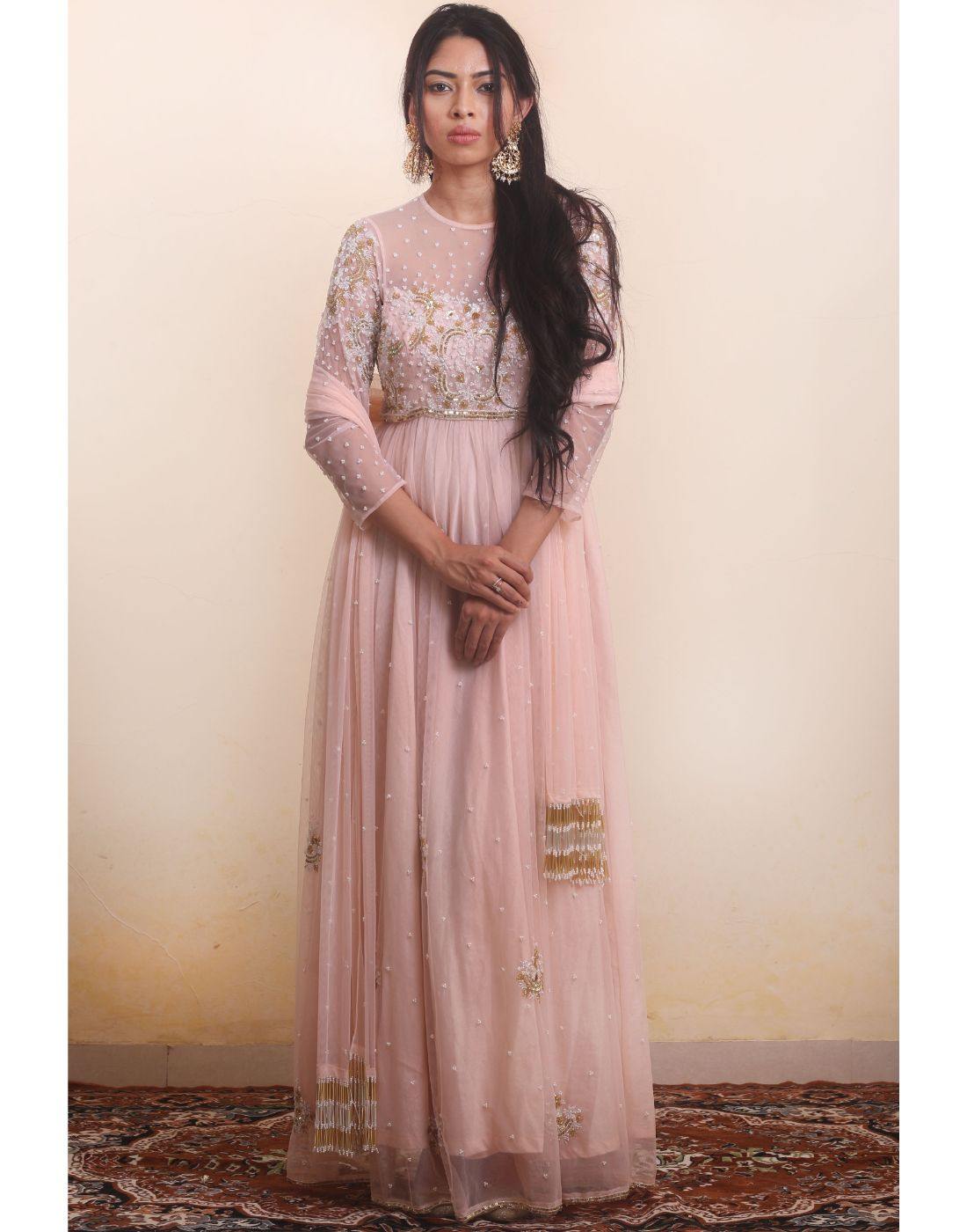 Rent Peach Embroidered Tulle Anarkali-Women-Glamourental