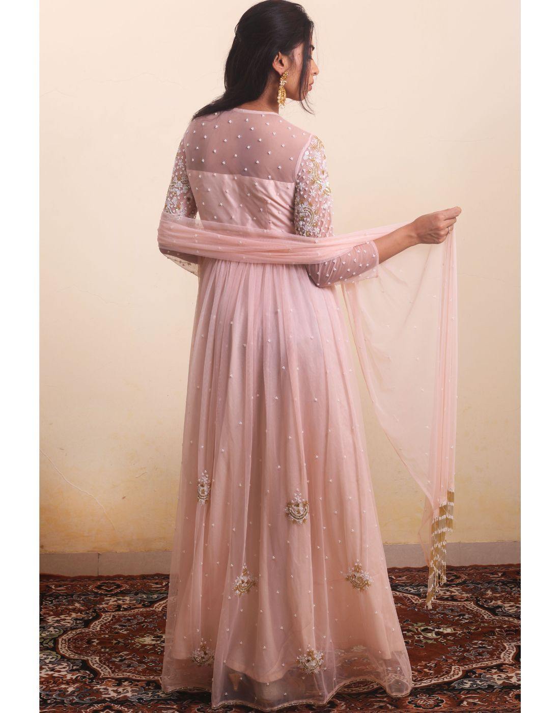 Rent Peach Embroidered Tulle Anarkali-Women-Glamourental