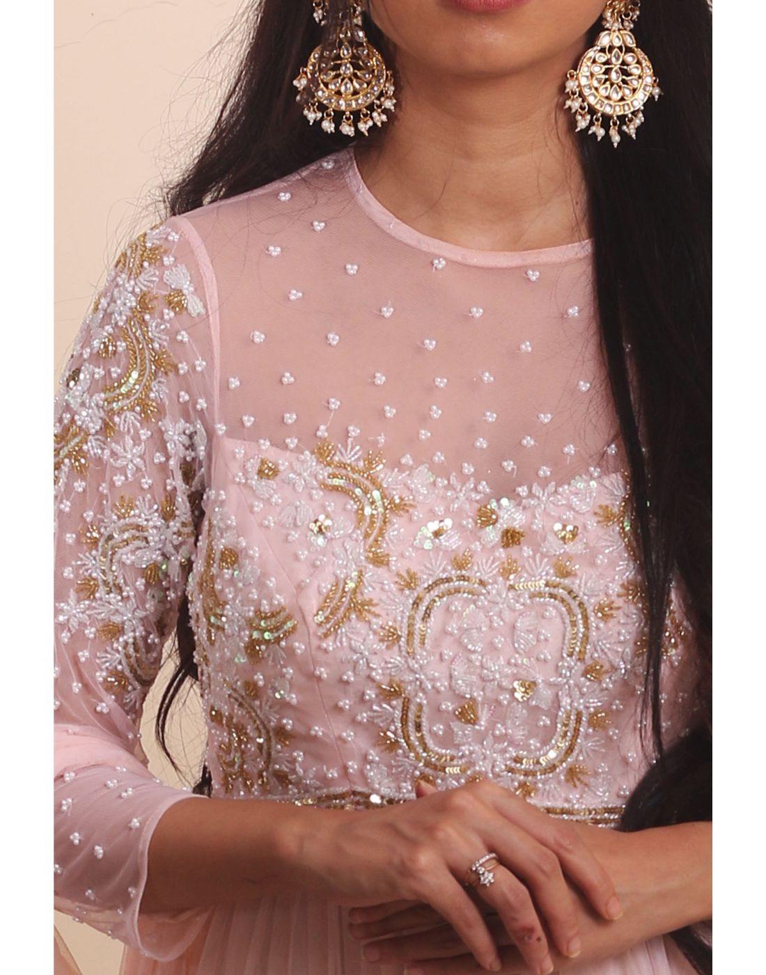 Rent Peach Embroidered Tulle Anarkali-Women-Glamourental