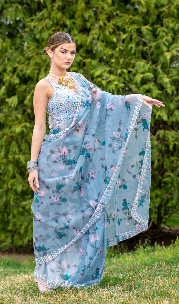 Classy Sky Blue colored Saree with designer blouse - Rent