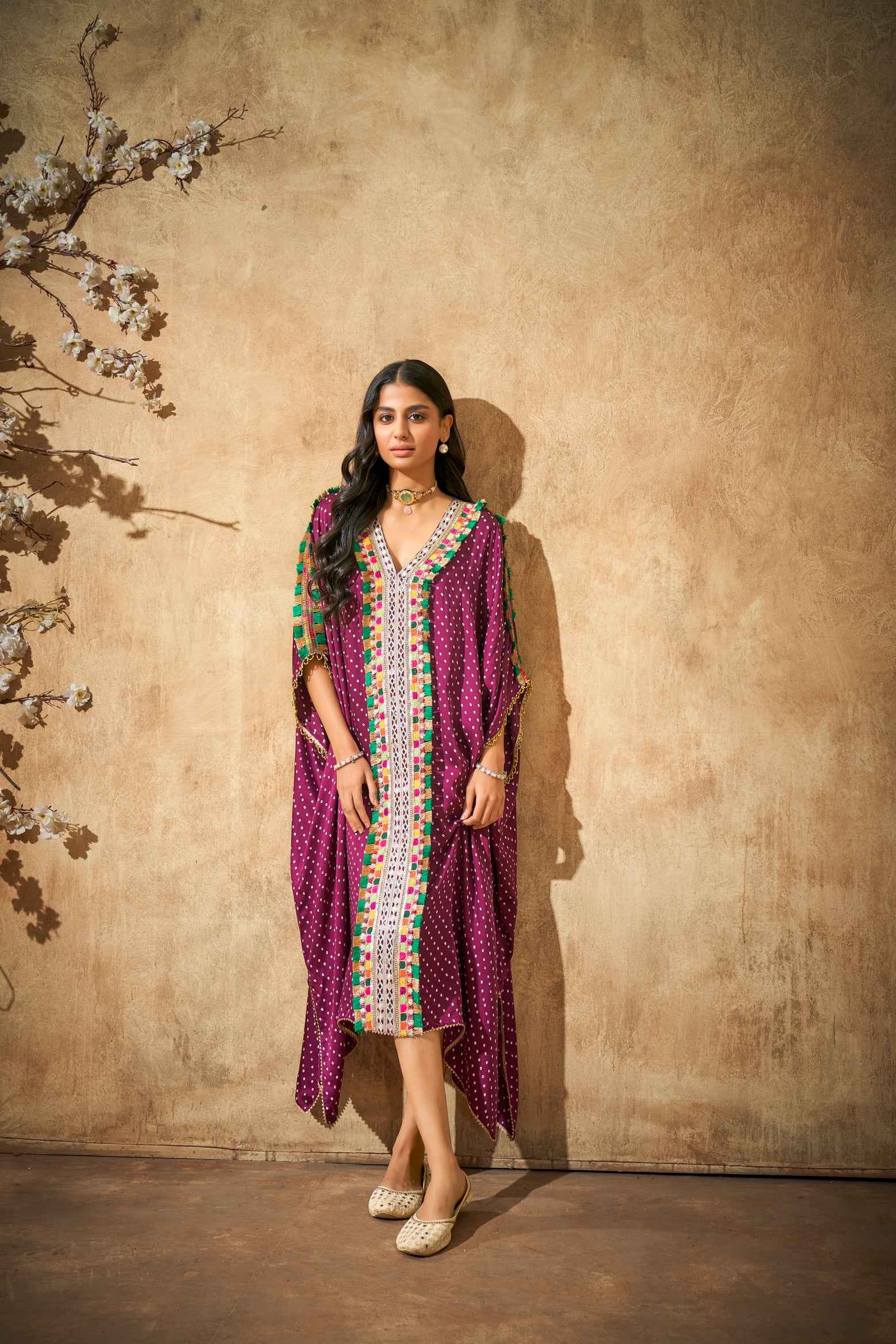 Aditi Somani's Beautiful Wine Bandhej v neck kaftan  - Rent