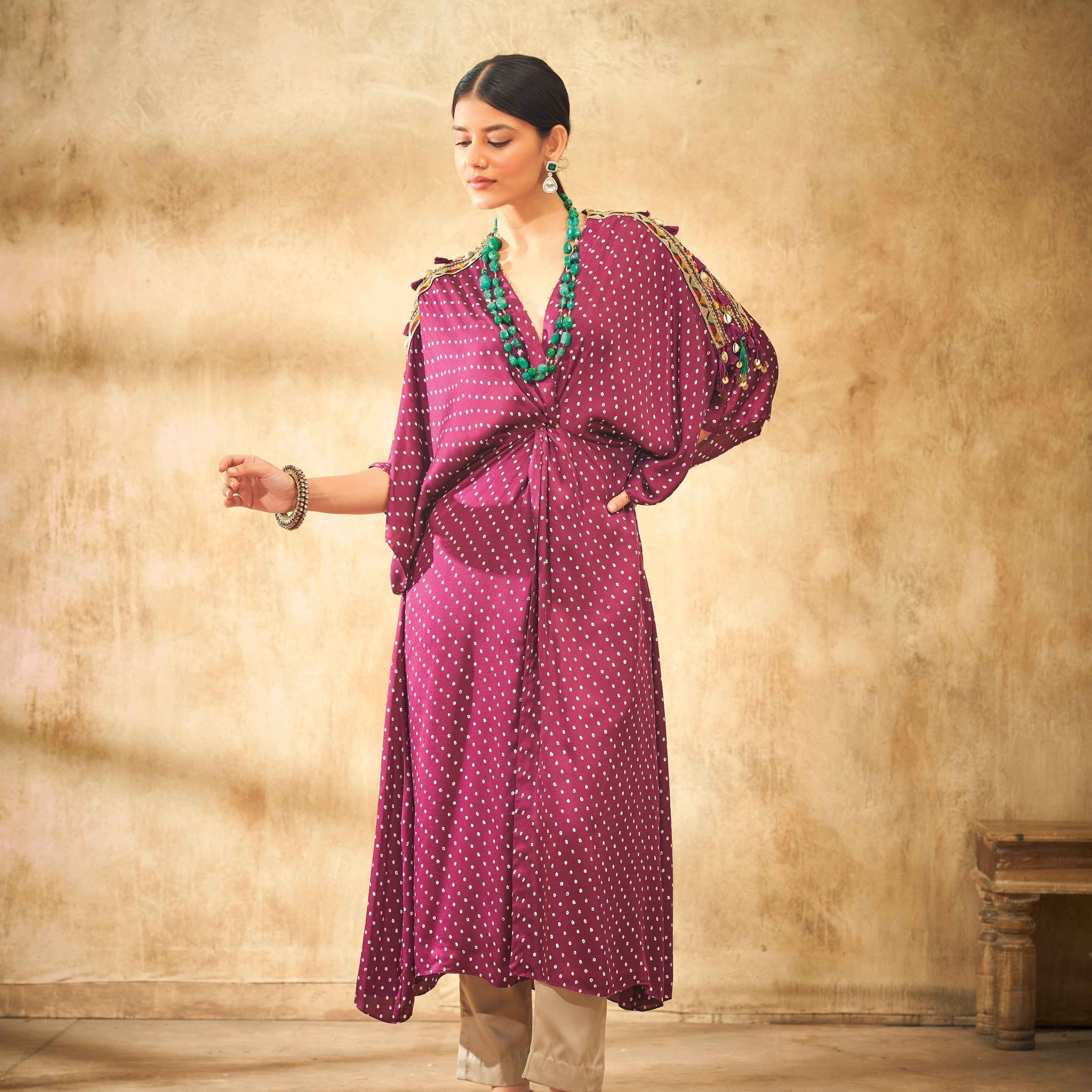 Aditi Somani's Classy Wine bandhej kaftan with knot - Rent