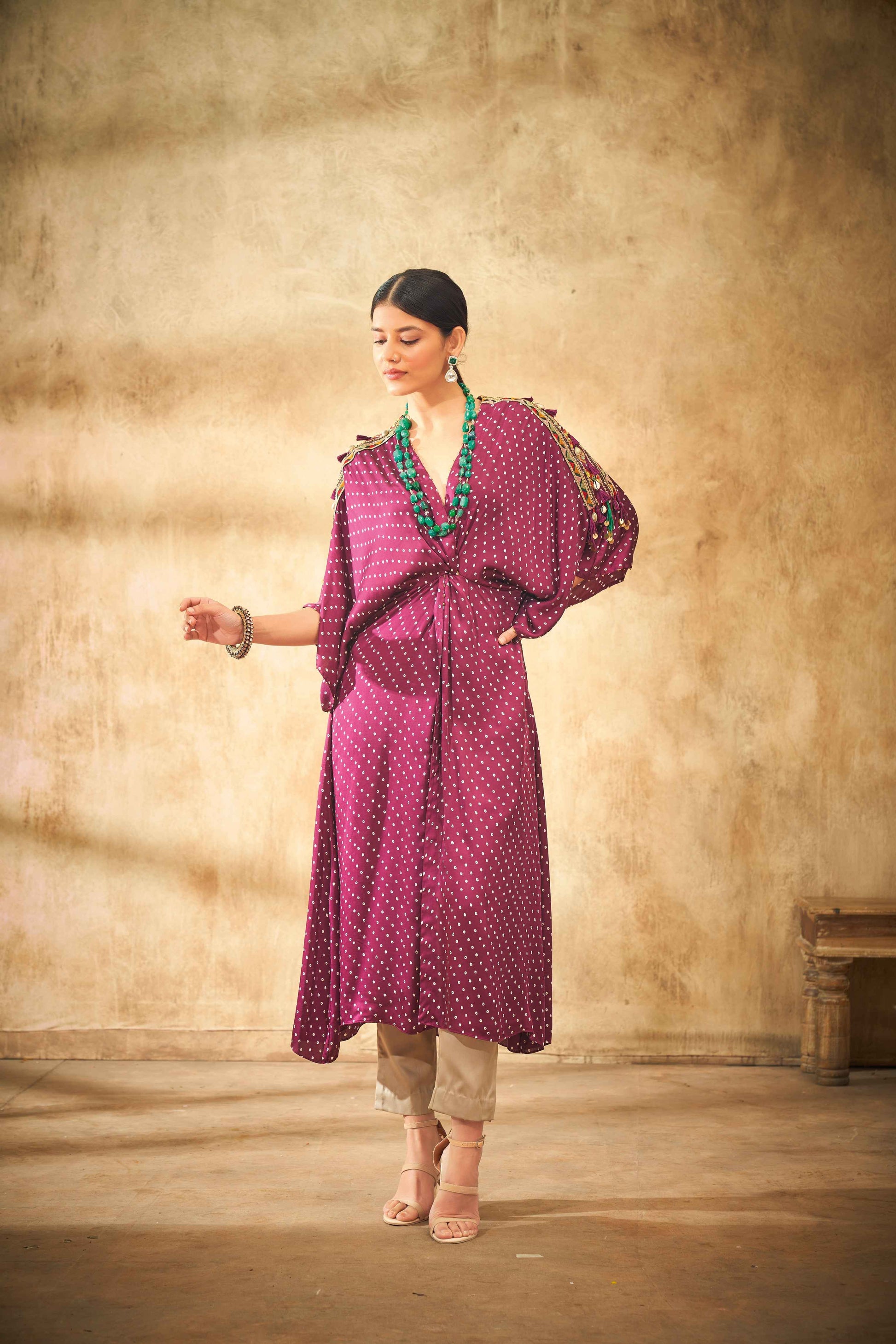 Aditi Somani's Classy Wine bandhej kaftan with knot - Rent