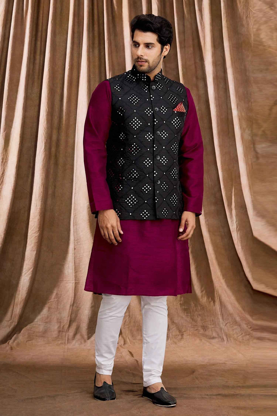 Aham Vayam's Mirror work Nehru jacket with Kurta set- Rent