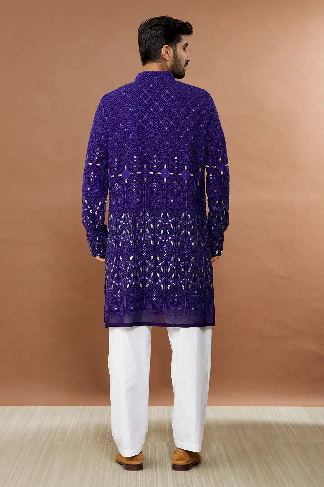 Aham Vayam's Purple Cotton Embroidered Kurta Set- Rent