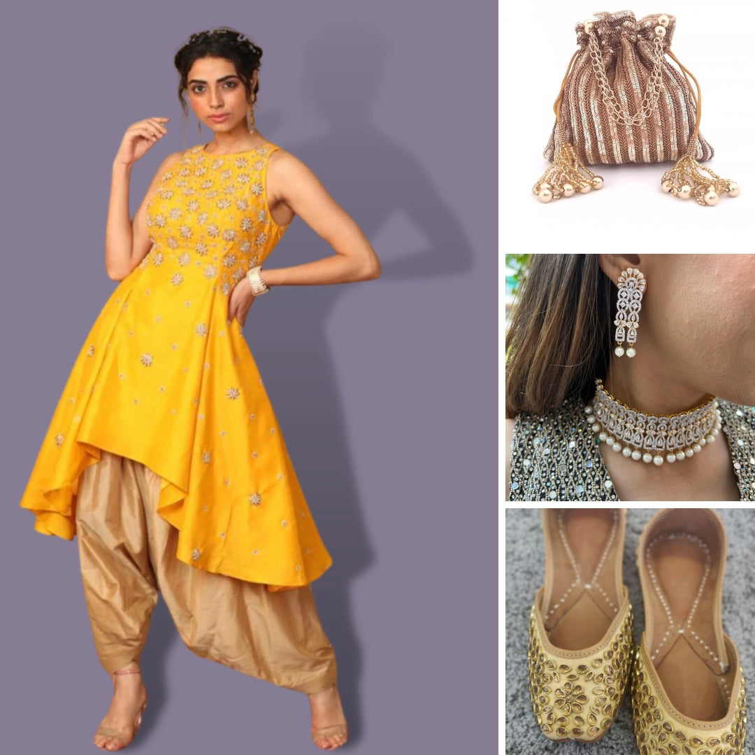 Asymmetrical Kurta with Dhoti + Antique Gold sequins Hand-embroidered Potli + Gold Plated Necklace Set with pearls   - Rent