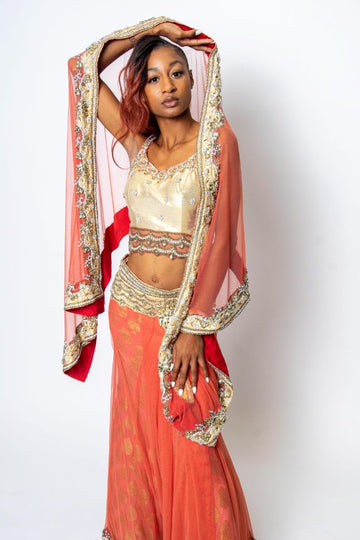 Orange & Gold Color Embroidered Lehenga - Rent