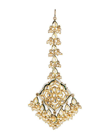 BRASS KUNDAN AND PEARL MAANG-TIKKA IN GOLDEN-Accessories-Glamourental