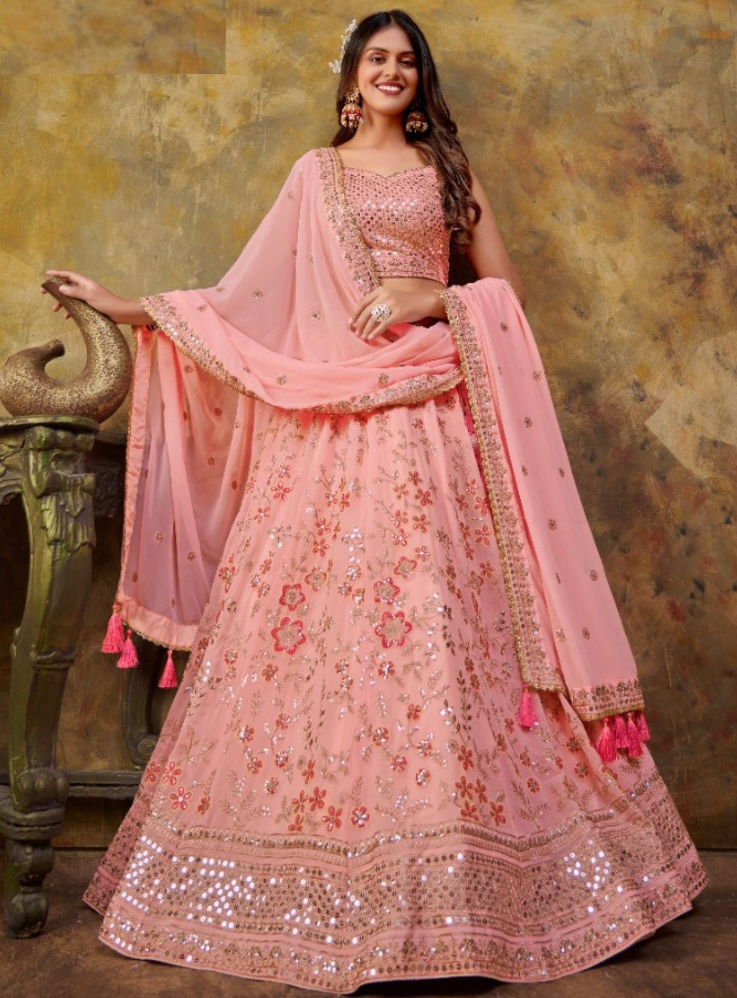 Baby pink maharani floral embroidery lehenga set -buy