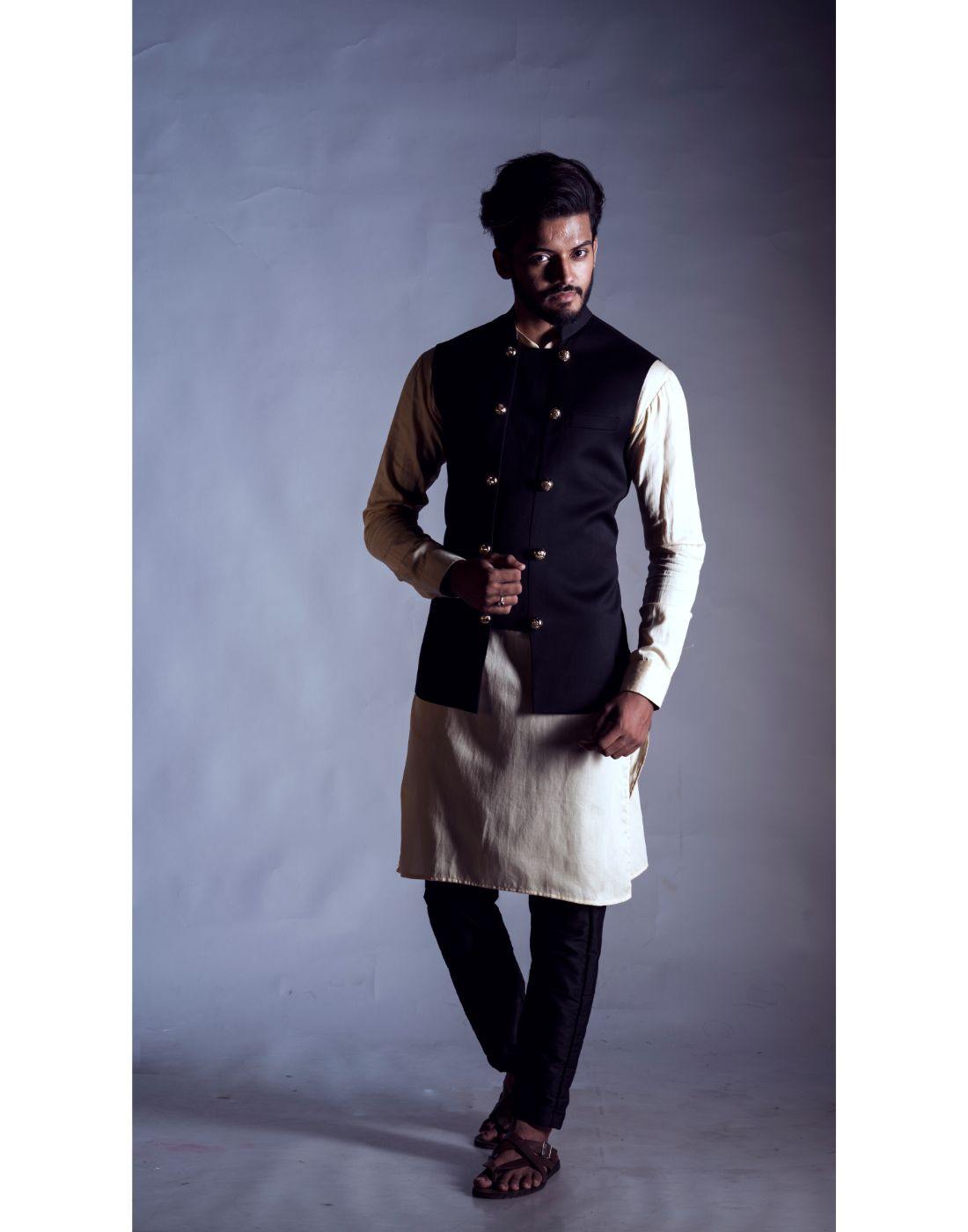 Black Nehru Coat with a Cream Kurta and Trouser - Rent