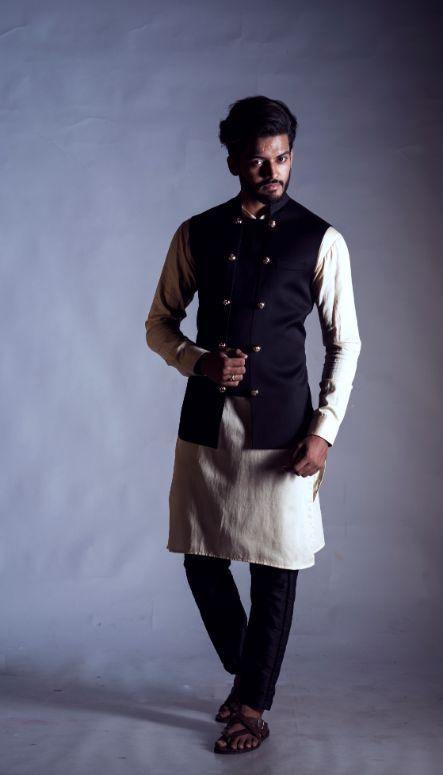 Black Nehru Coat with a Double Breasted Panel