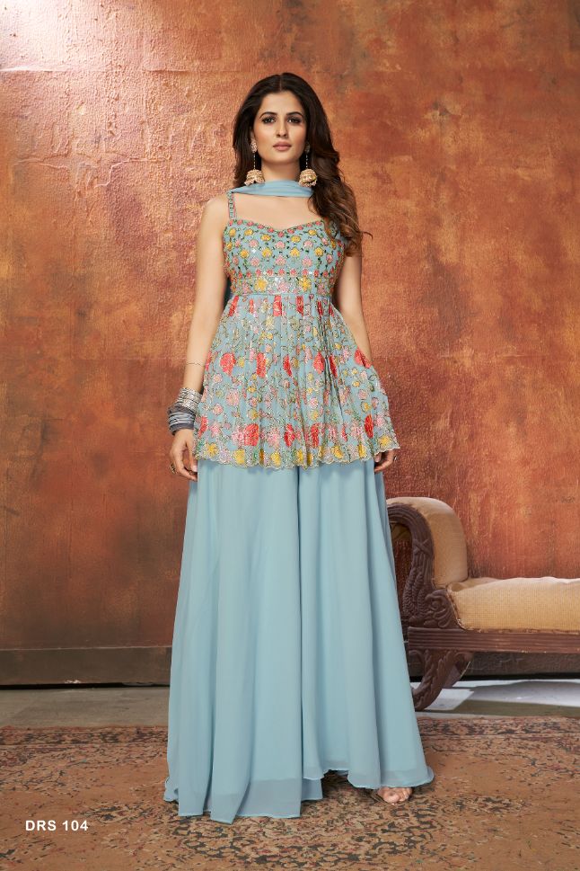 Light Blue Georgette Floral Embroidered Palazzo Suit - Rent