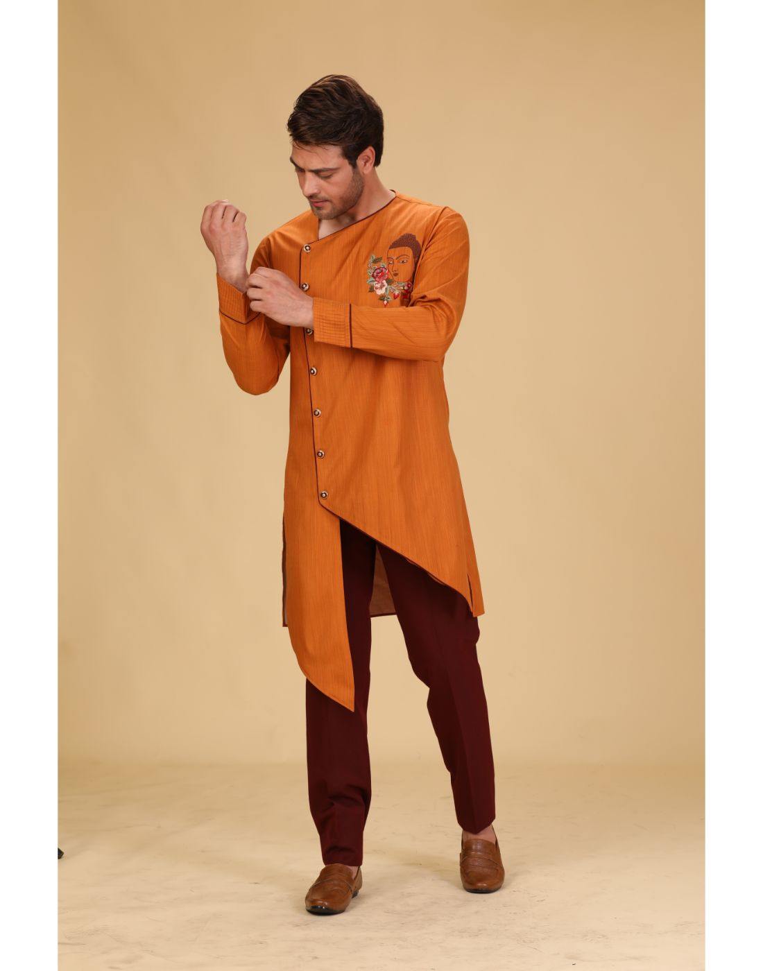 BluesnGreys Asymmetrical Cut- Dark Orange Color Designer Kurta Pant_2