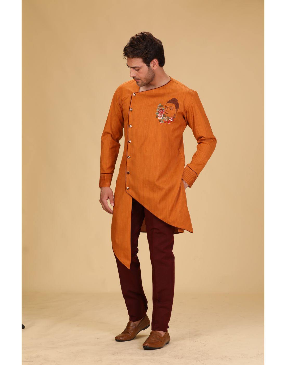 BluesnGreys Asymmetrical Cut- Dark Orange Color Designer Kurta Pant_3