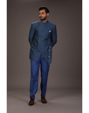 BluesnGreys Blue Designer Cut Resham Work Bandhgala Trouser - Rent