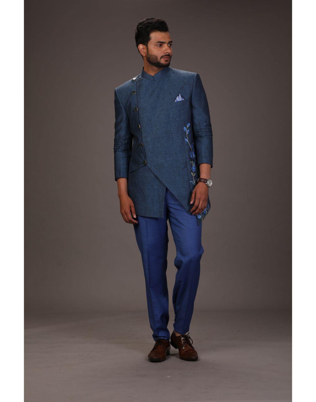 BluesnGreys Blue Designer Cut Resham Work Bandhgala Trouser - Rent_1