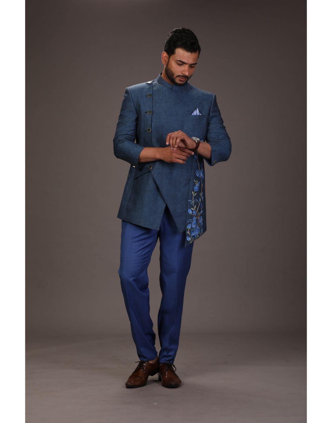 BluesnGreys Blue Designer Cut Resham Work Bandhgala Trouser - Rent_2