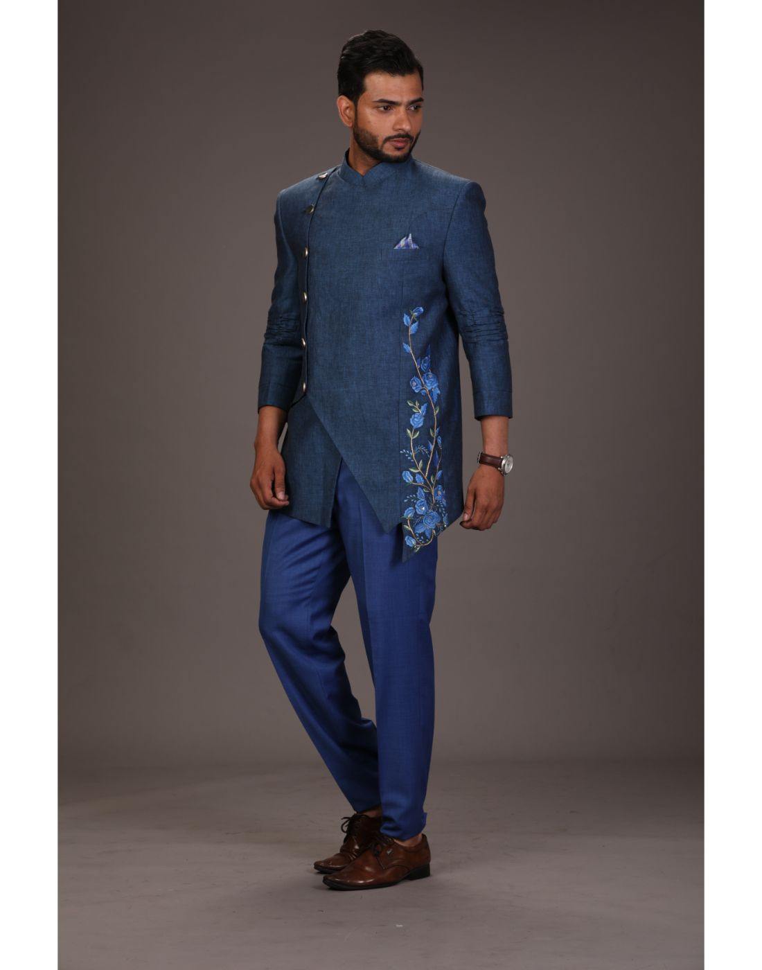 BluesnGreys Blue Designer Cut Resham Work Bandhgala Trouser - Rent_3