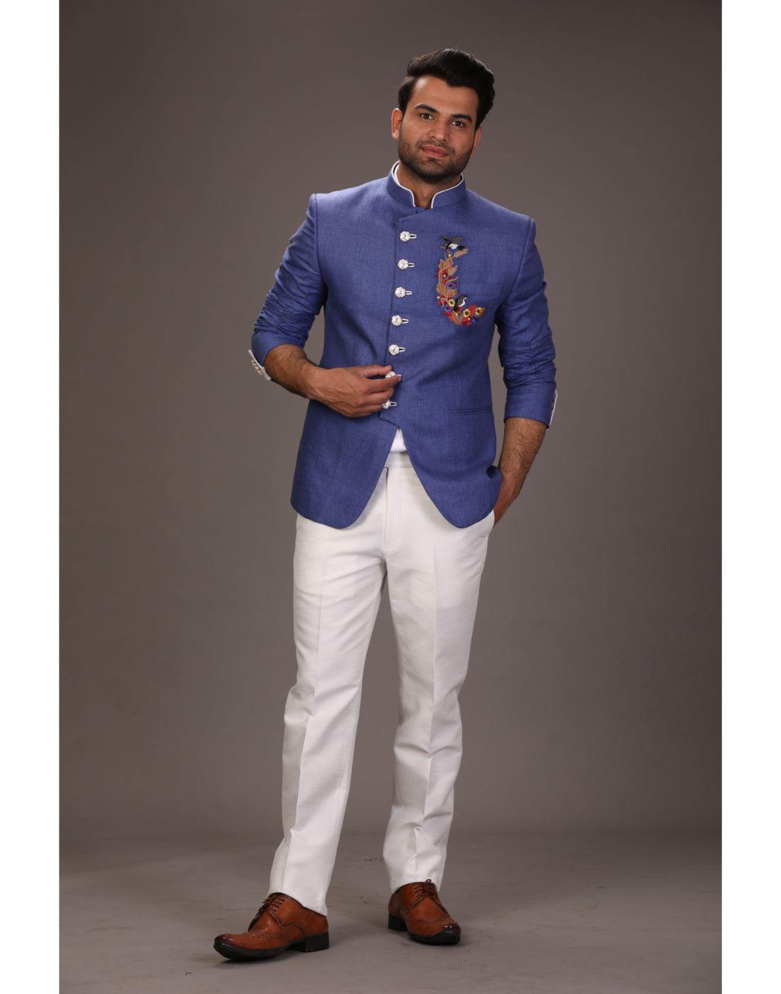 BluesnGreys Blue Embroidered Bandhgala & Trouser Set_1