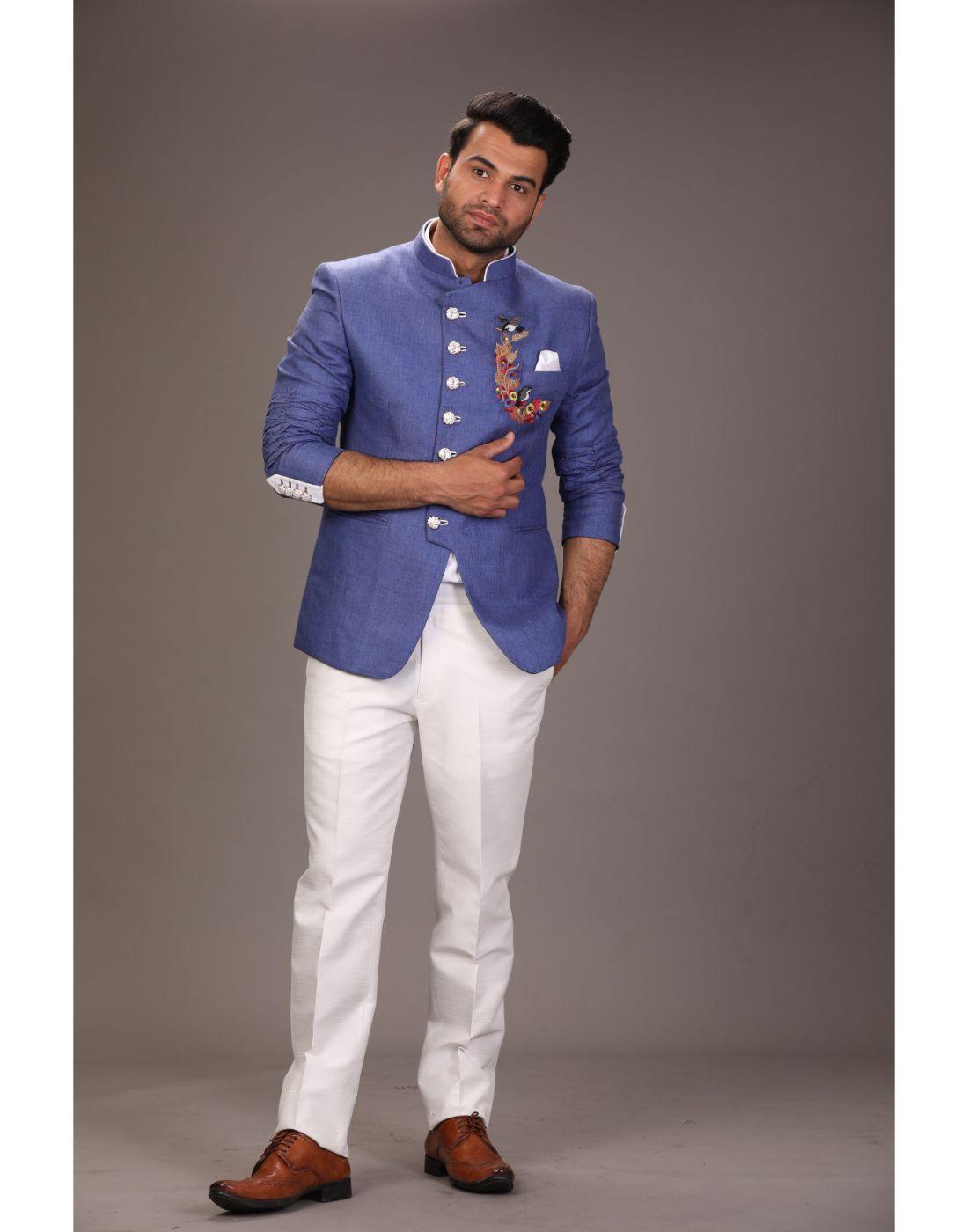 BluesnGreys Blue Embroidered Bandhgala & Trouser Set_3