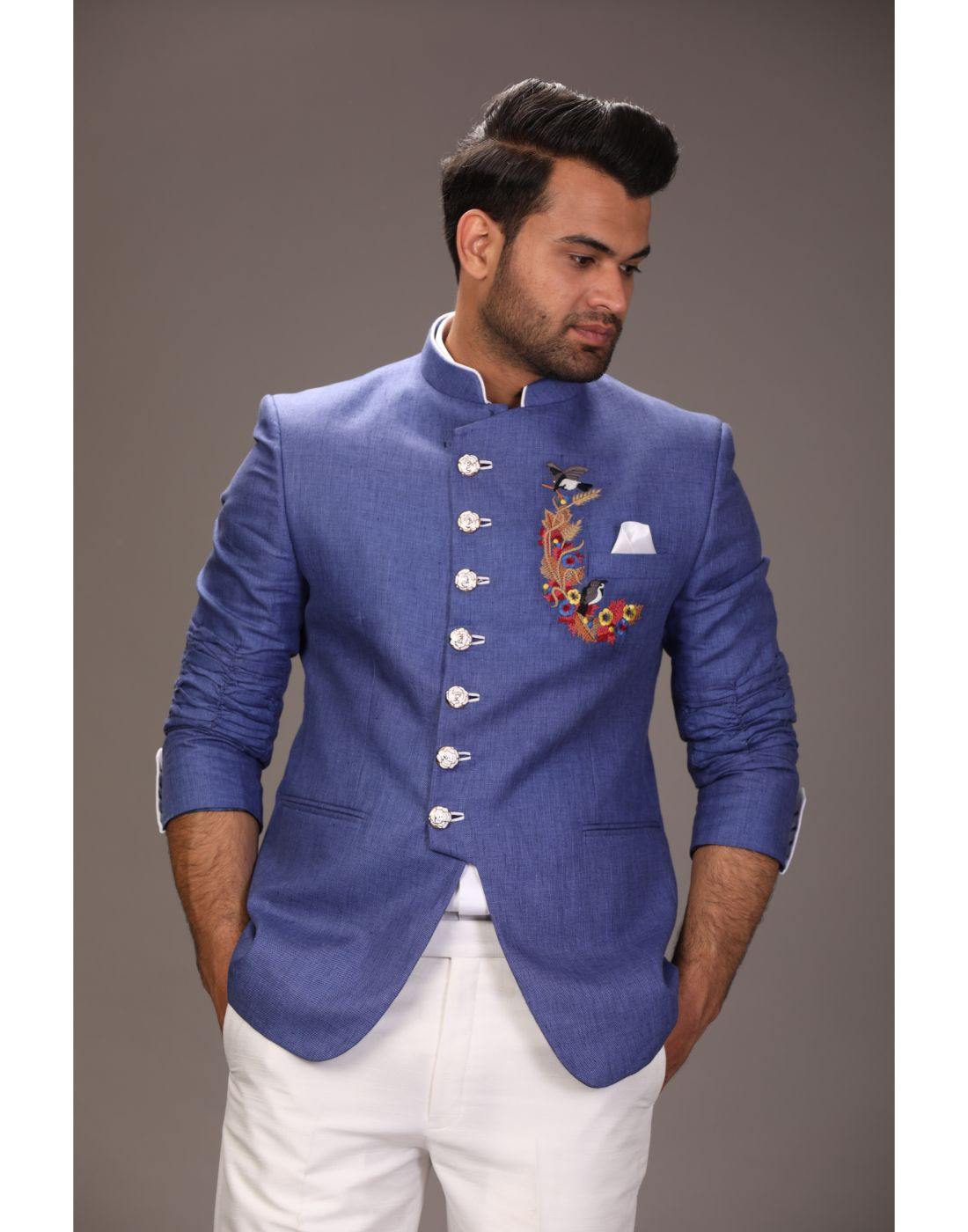 BluesnGreys Blue Embroidered Bandhgala & Trouser Set_4