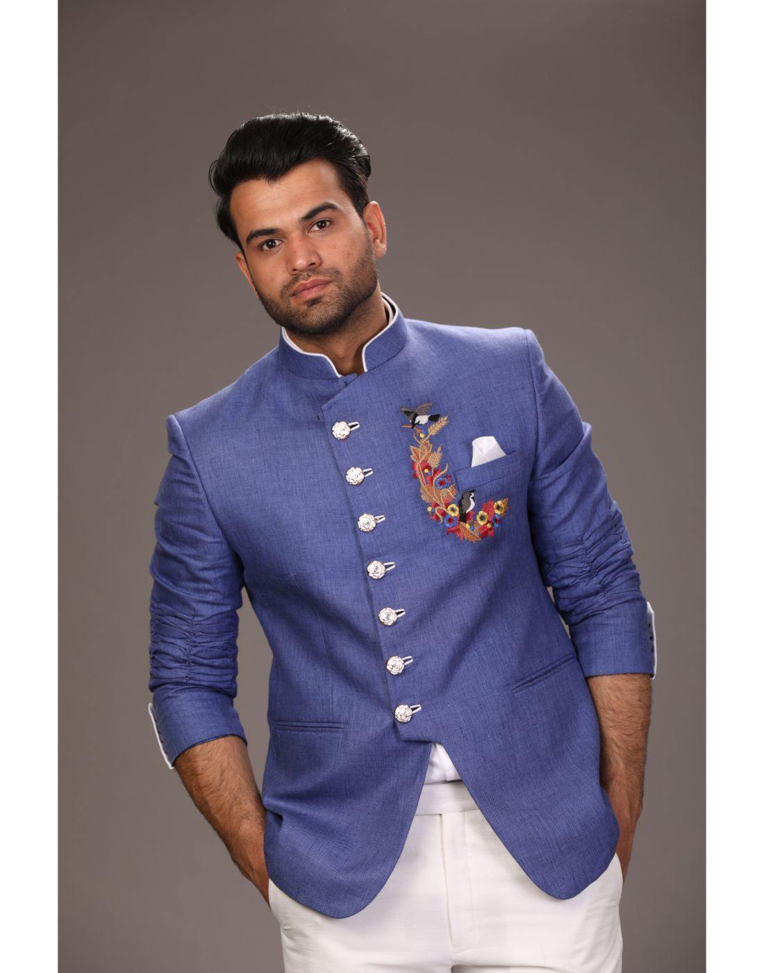 BluesnGreys Blue Embroidered Bandhgala & Trouser Set_5