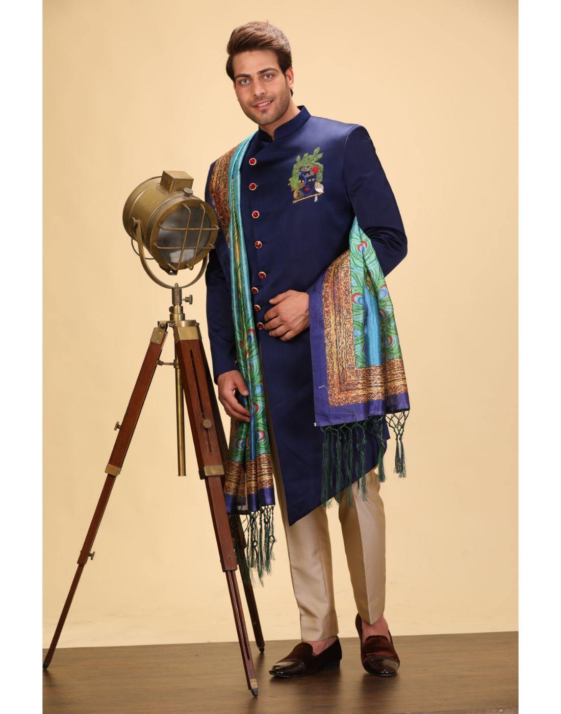 BluesnGreys Blue Hand Embroidered Asymmetrical Indo Western Kurta Set - Rent