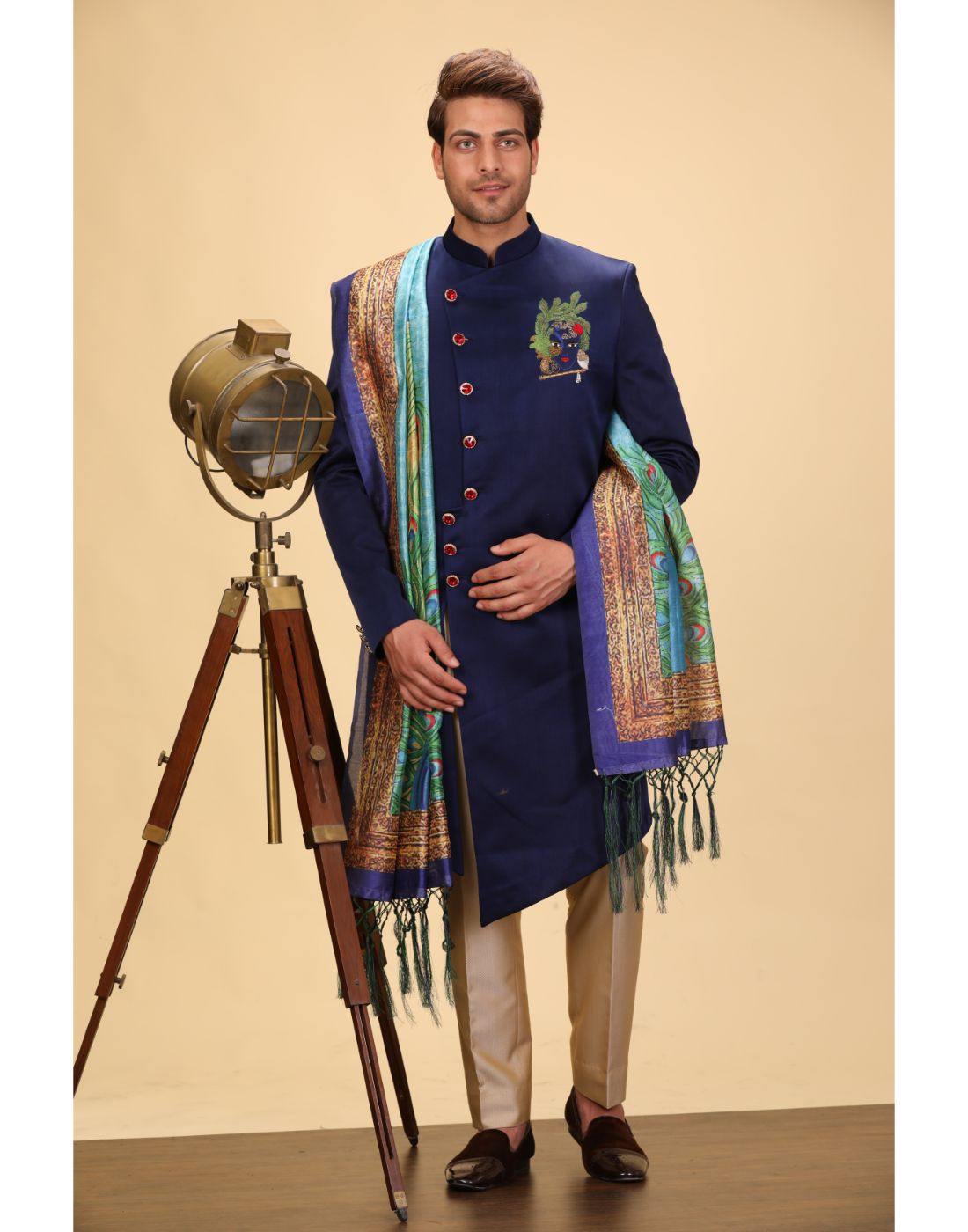 BluesnGreys Blue Hand Embroidered Asymmetrical Indo Western Kurta Set - Rent