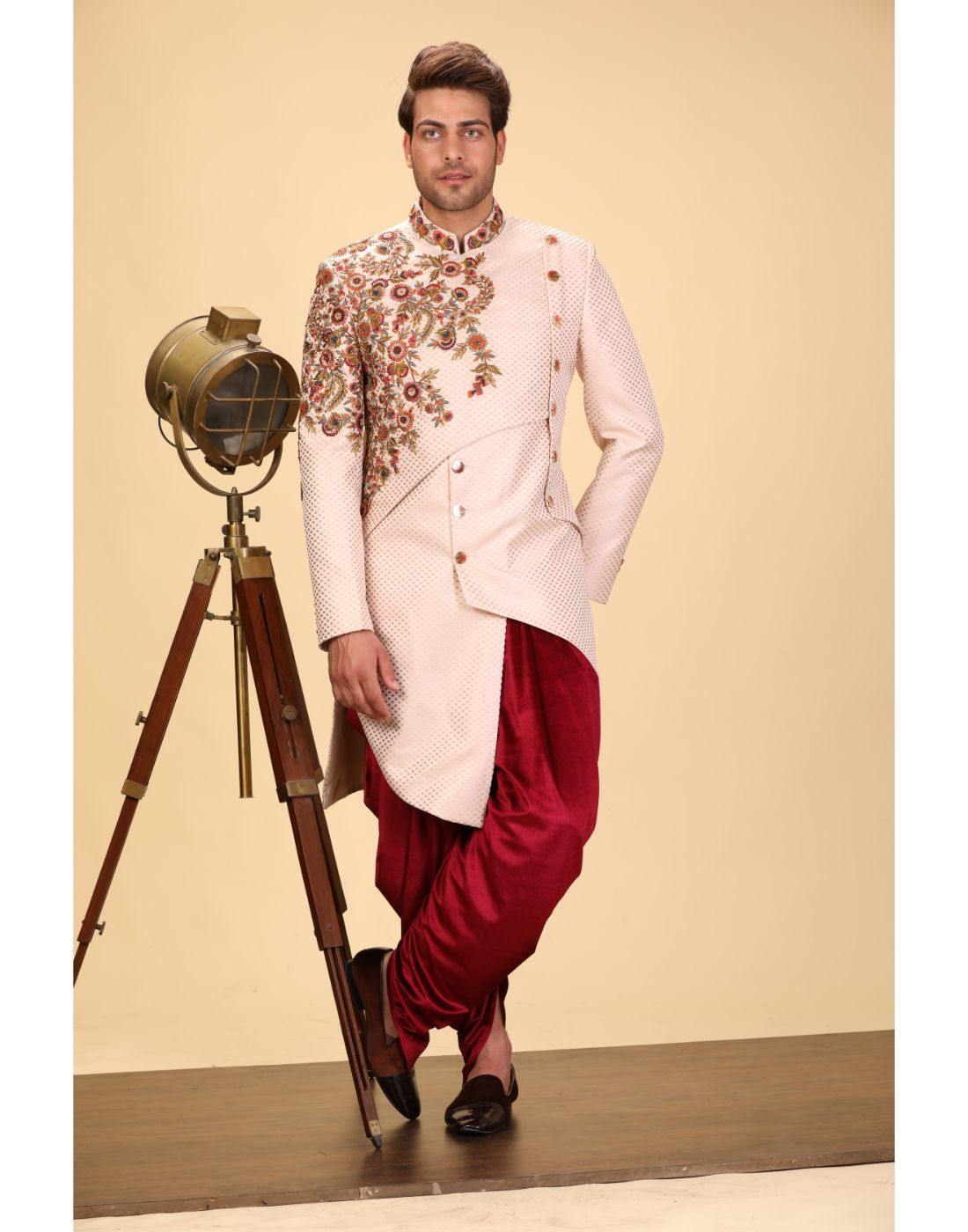 BluesnGreys Cream Hand Embroidered Indowestern Kurta Pyjama Set - Rent