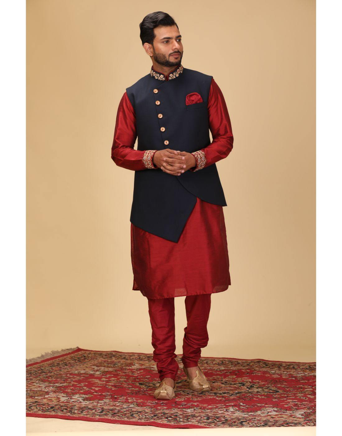 BluesnGreys Designer Red Color Kurta Pant Nehru Jacket - Rent