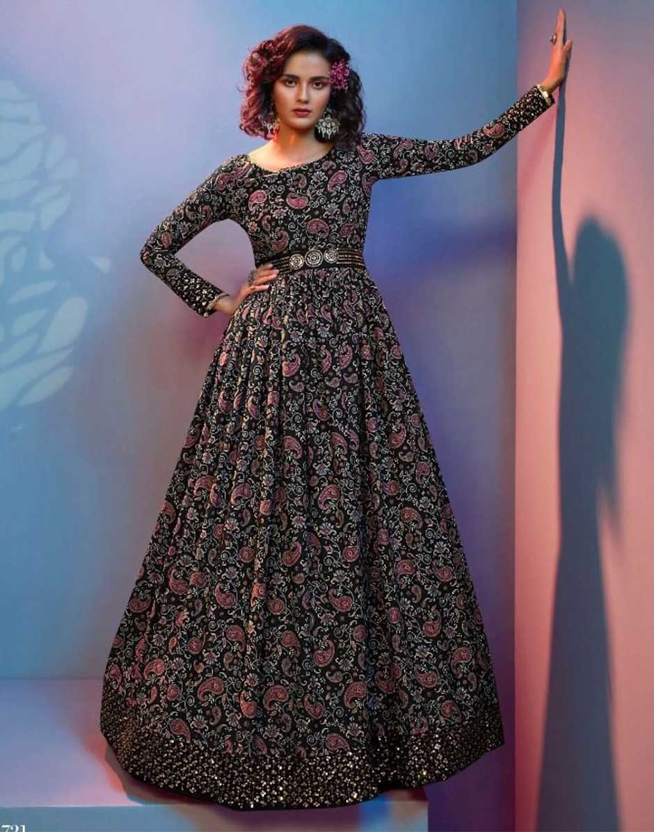 CREPE SILK BLACK FLORAL PRINT Gowns - RENT