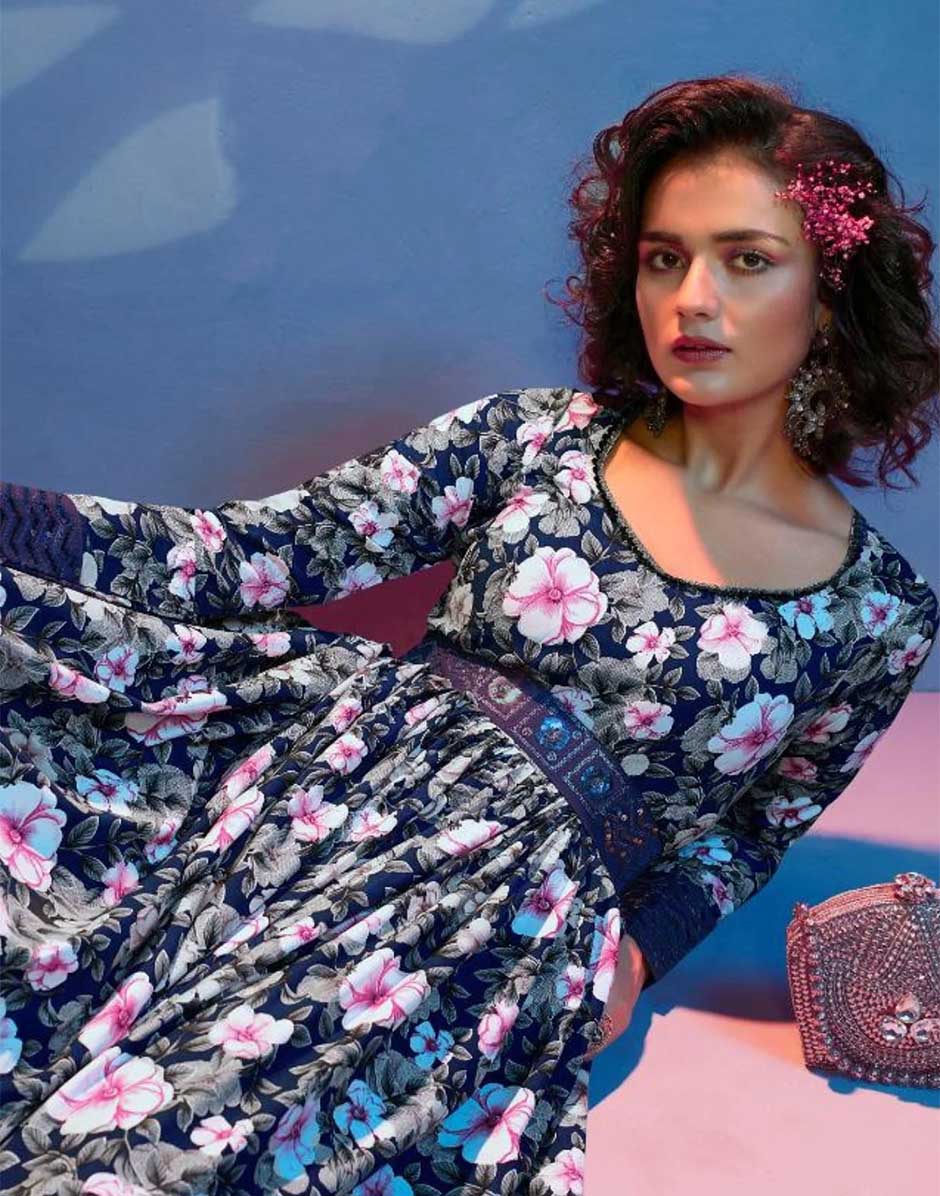 CREPE SILK NAVY BLUE FLORAL PRINT Gowns - RENT