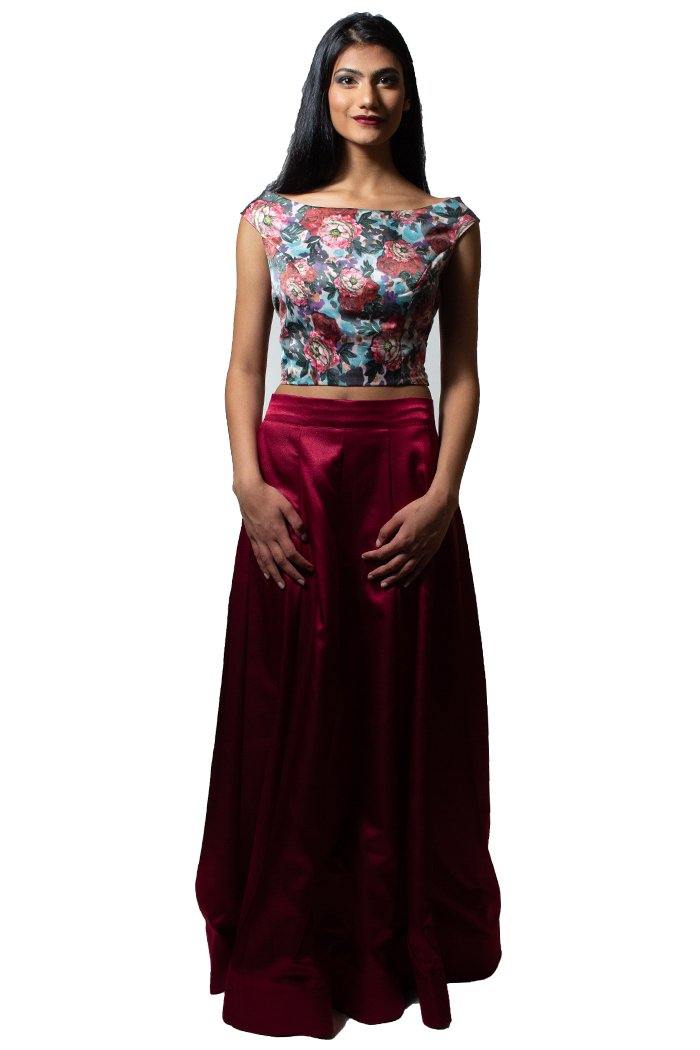 Wine Floral Crop Top & Skirt-Women-Glamourental