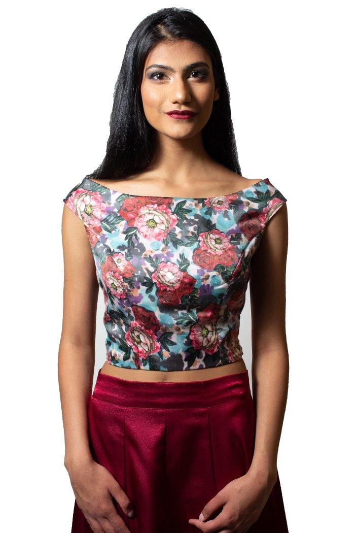 Wine Floral Crop Top & Skirt-Women-Glamourental